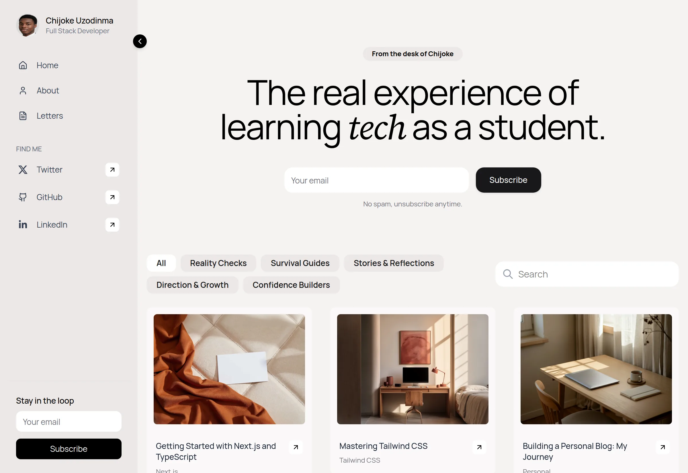 The blog home: a serif headline reading “The real experience of learning tech as a student” above a grid of article cards.