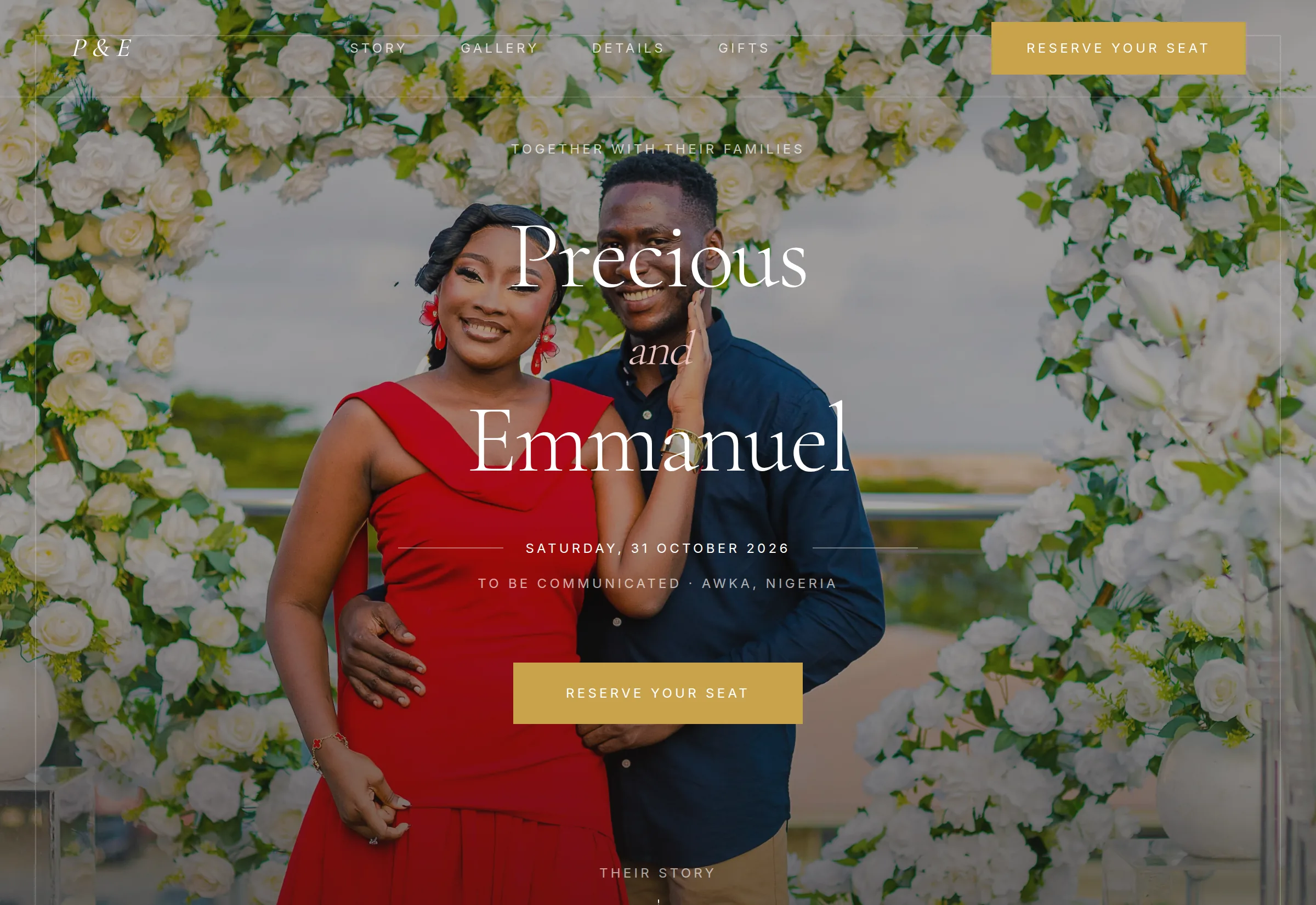 Precious and Emmanuel's wedding site: the couple photographed under a floral arch, their names set over the picture in a high-contrast serif.