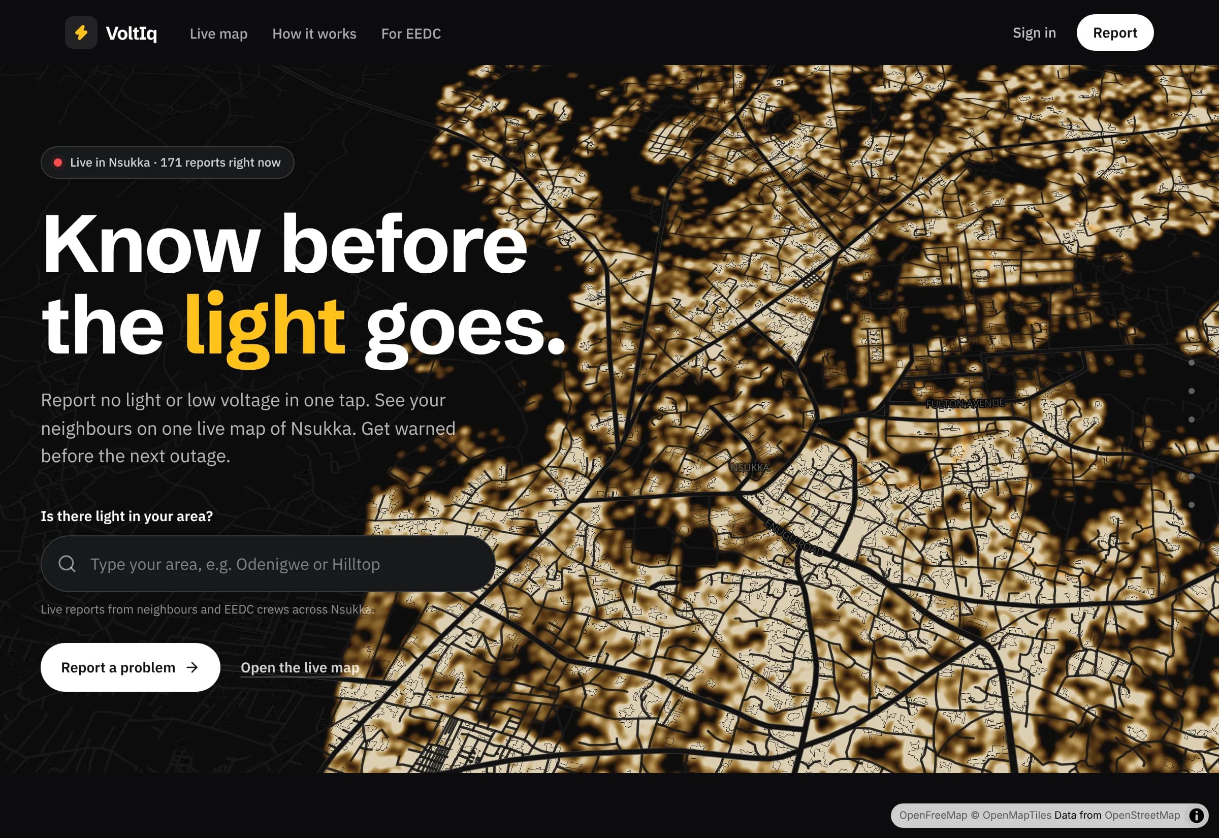 The VoltIq home page: a night map of Nsukka with every lit home glowing amber, under the headline "Know before the light goes."